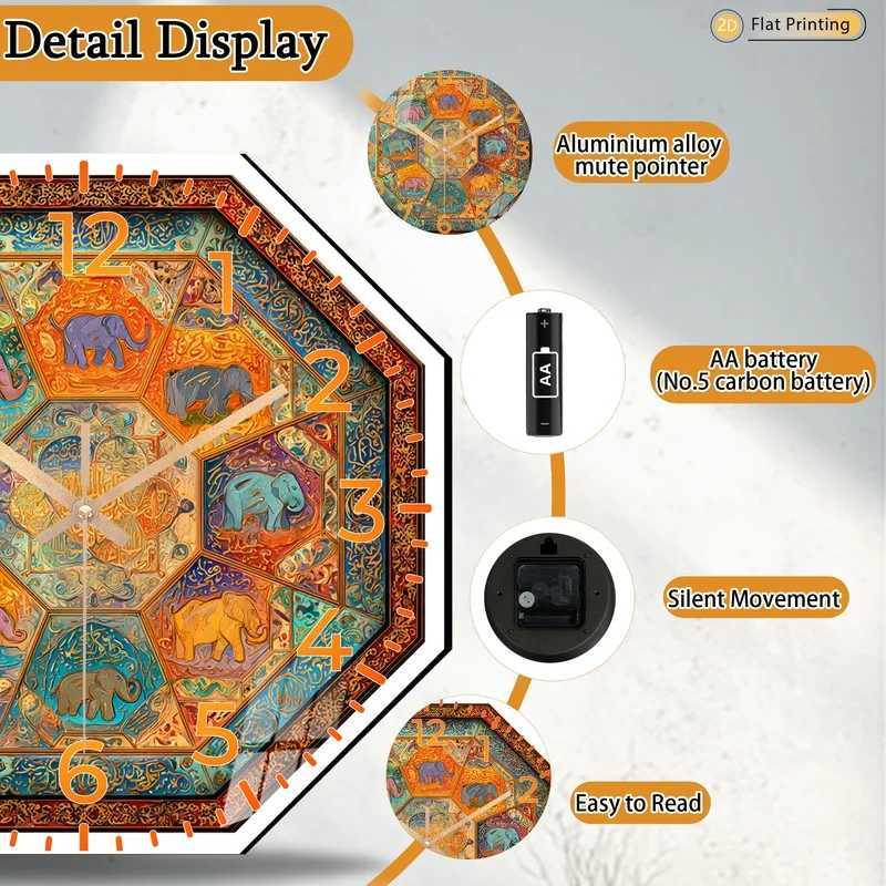1pc Modern Elephants Arabic Calligraphy Octagonal Wall Clock for Study Home Living Room Birthdays Christmas New Year Gifts C251015