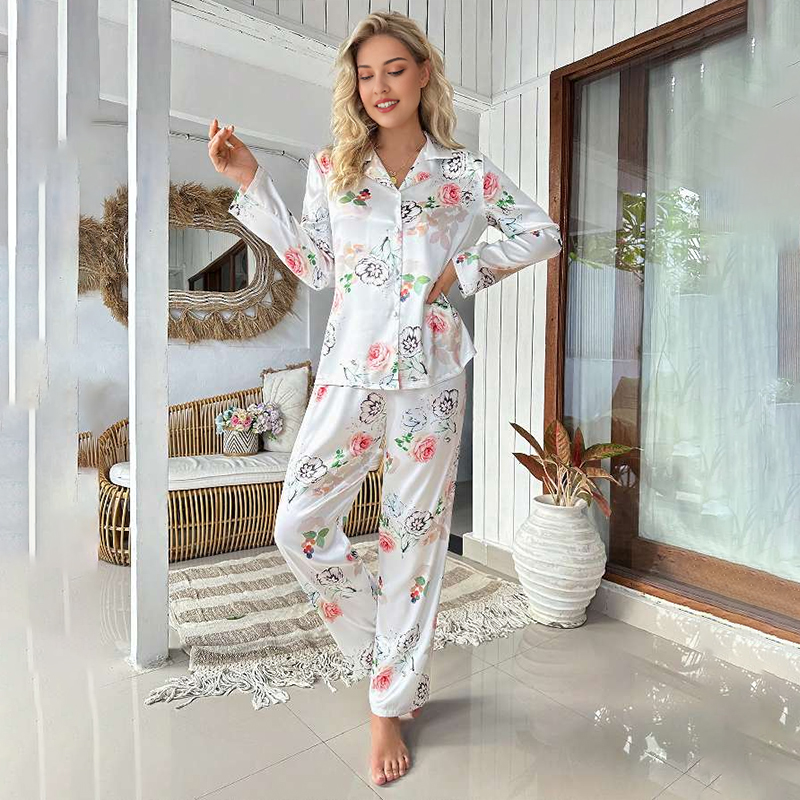 Women's Spring/Fall Silk Satin Floral Print Long-Sleeve Pajama Set with Pants nightgown retro nightgown nightgown set nightgown nightdress lounge