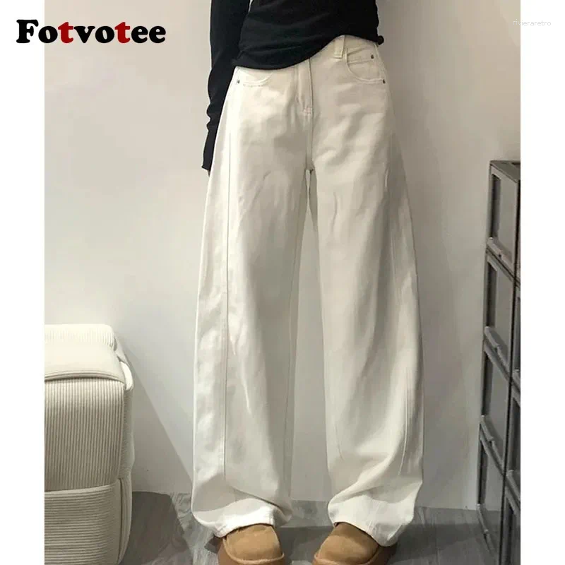 Women's Jeans FOTVOTEE High Waist Wide Leg White Women Simple Solid Straight Baggy 2025 Casual Fashion All-match Lady Trousers Z260313