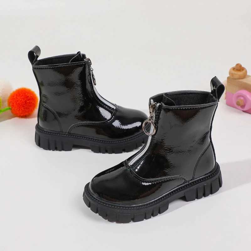 Childrens Platform Ankle Boots Autumn New Black Boots for Girls School Causal Nonslip Kids Fashion Leather Boots Front ZipperT251015
