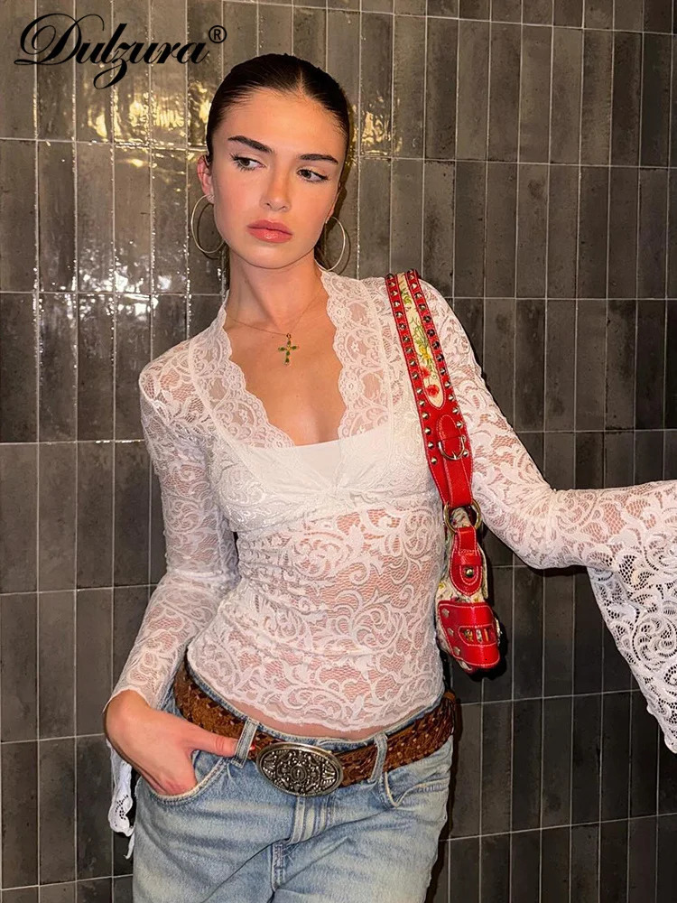Dulzura VNeck Long Slit Flare Sleeves Lace TShirt See Through Sexy Crop Top Party Clubwear Autumn Winter Y2K 251015