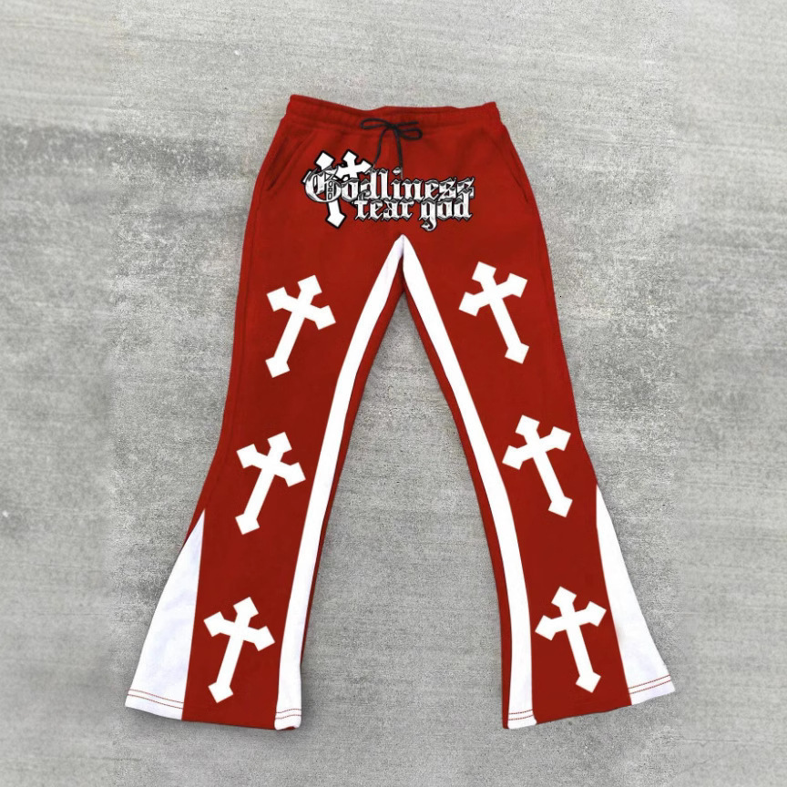 Mens Casual Street Style Trendy Cross Print Fashionable Slightly Flared Black and White Color-Block n Sweatpants 250819