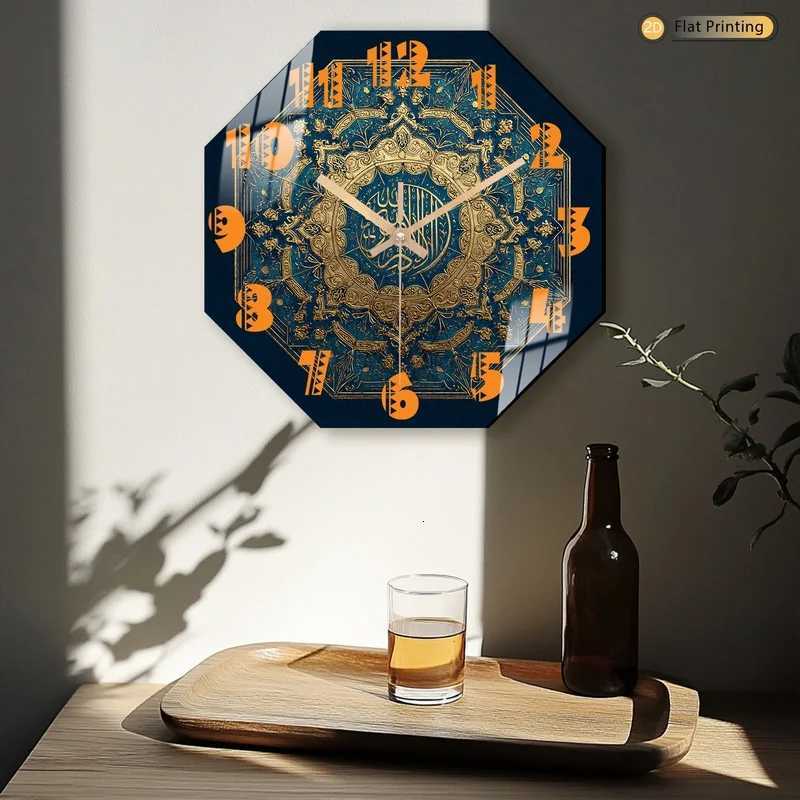 Distinctive Luxurious Arabic Calligraphy Octagonal Blue Wall Clock for Farmhouse and Bedroom Romantic Valentines Day Gift C251015