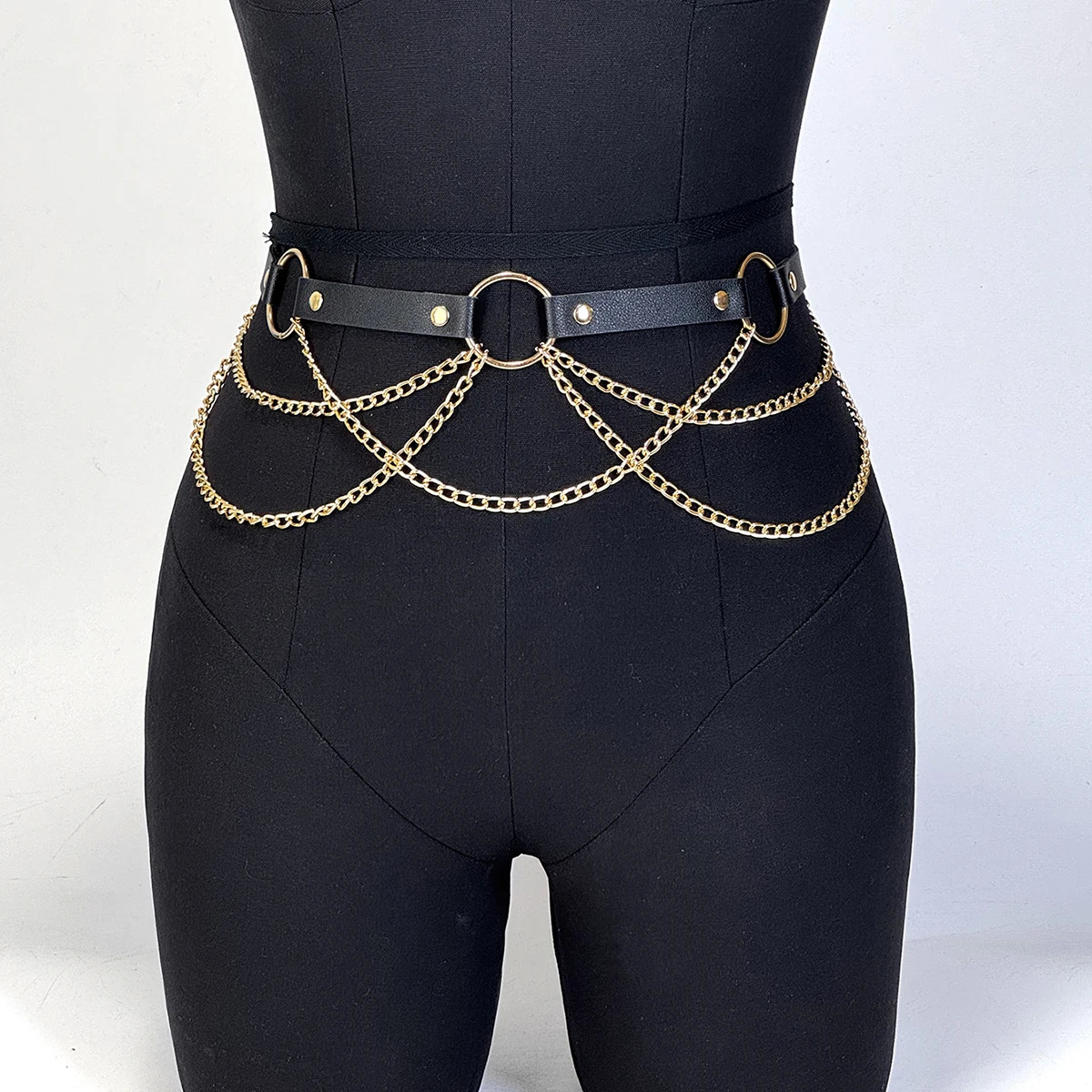 Women PU Leather Harness Belt Gold Waist Chain Fashion Waistband Accessory Leisure Punk Gothic Clothing Jewelry 251008