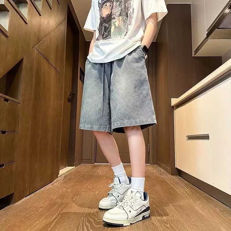 2025 new Fashion Streetwear Mens Denim Shorts Summer Loose Vintage Harajuku Splicing Hiphop Cargo Moto Short Jeans Black BlueT251015