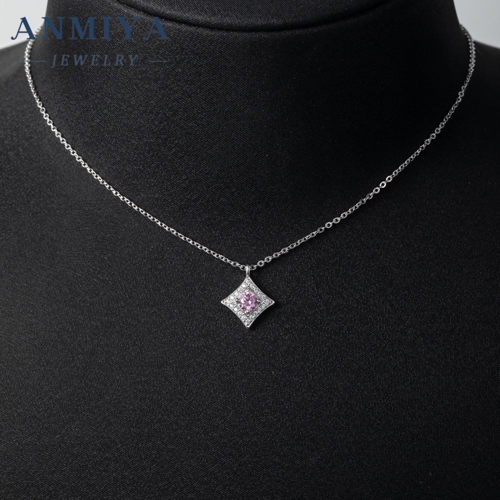 New Arrival Round Brilliant Cut Ice Cubic Zirconia 925 Sterling Silver Pendant Trendy Pink Necklace for Anniversary