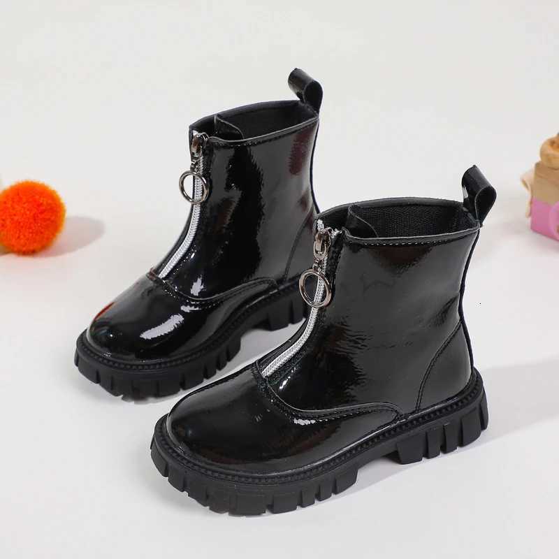 Childrens Platform Ankle Boots Autumn New Black Boots for Girls School Causal Nonslip Kids Fashion Leather Boots Front ZipperT251015