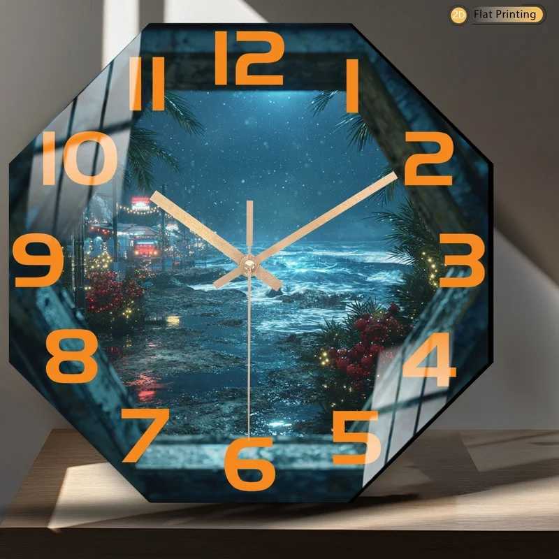 1pc Rich in Coastal Nightscape Octagonal Wall Clock for Study and Living Room Ideal Mothers Day and Easter Gifts C251015
