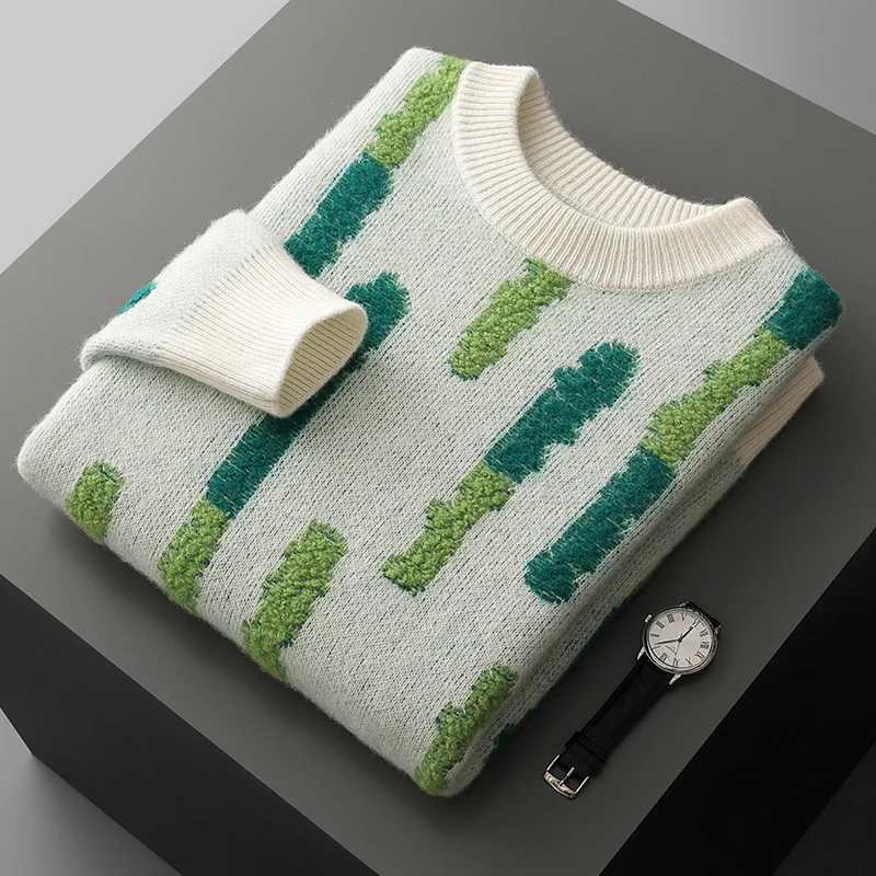 New 100 Pure Wool Cashmere Mens Oneck Pullover 2025 AutumnWinter Color Matching Top Casual Thick Fashion Large Size Jacket J251015