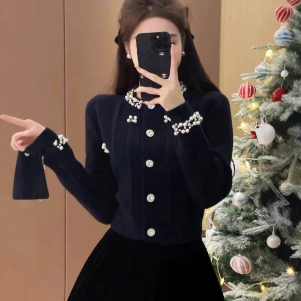 2025 Autumn Luxury Winter New Top Autumn/Winter Thick design Bead Sweater Open Knitted Jacket Women's Unique Design Slimming Designer Jacket Shor
