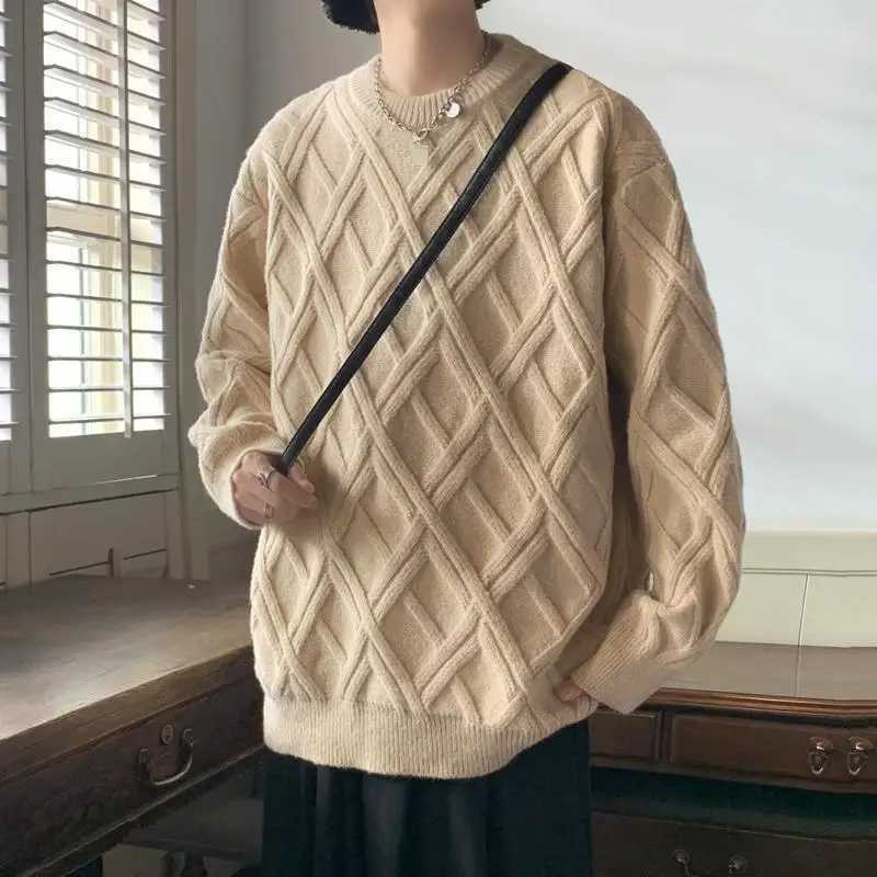 Retro Plaid Sweater Mens Winter Japanese Loose Lazy Style Sweater Round Neck Inner Base Shirt J251015