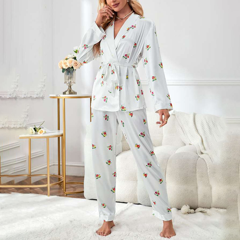 Spring/Fall Women's Silk Satin Floral Print Short Robe and Pants Pajama Set for Homewear nightgown retro nightgown nightgown set nightgown nightd