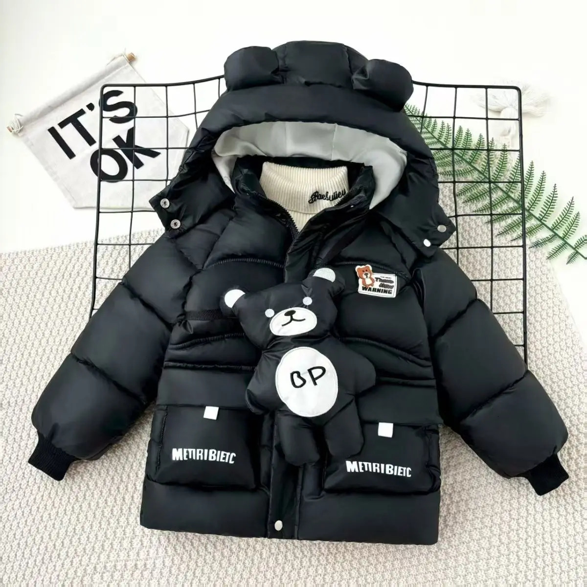 Autumn Winter Baby Boy Down Jacket Kids Cute Bear Thicken Padded Thermal Hooded Parka Coat With Bag Children Outerwear 26Y 251014