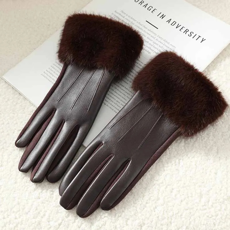 Winter Womens PU Leather Gloves Wrist Soft Faux Fur Trim Cuff Fashion Elegant Party Warm Touch Screen Drive Cycling 251009