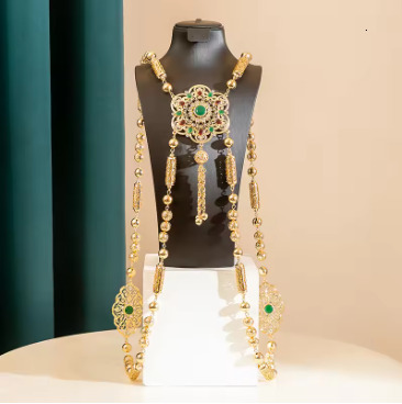 Moroccan Gold Color Bride Body Jewelery Long Necklace Wedding Kaftan Back Crystal Shoulder Chain Jewelery