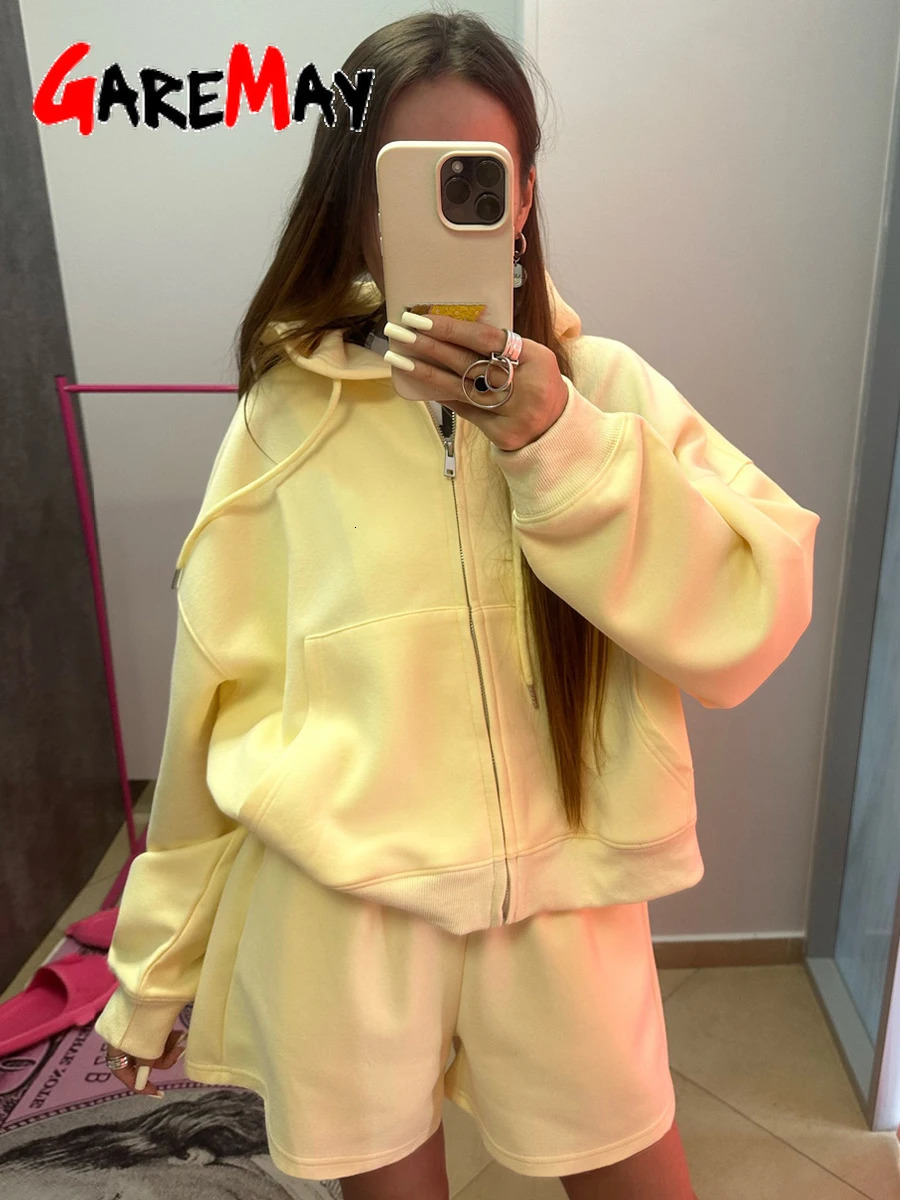 Womens Summer Tracksuit with Shorts Zipper Cotton Oversize Top and Shorts Two Piece Set Casual Sports Yellow Suit for Women 251028