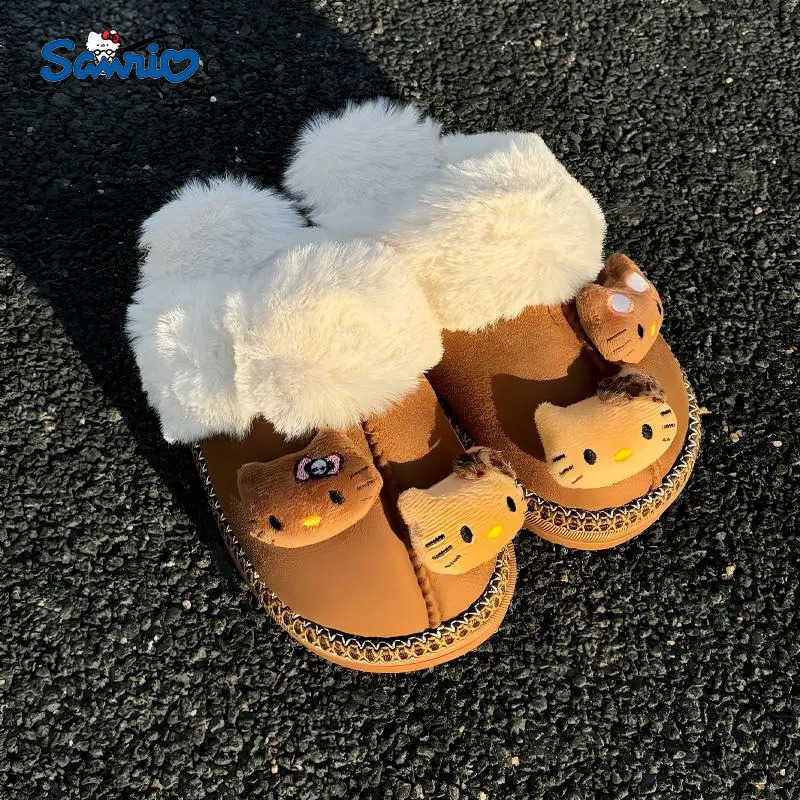 Sanrio Hello Kitty Plush Slippers Warm Winter Indoor Brown Slippers Flat Casual NonSlip Girl Home Shoes Warms Cotton Slippers L251015