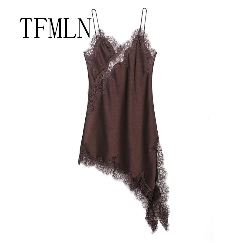 TFMLN Women Sexy Lace Splicing Dresses Summer Solid Sleeveless Asymmetry Dress Backless Slim Womens Party Sling Mini Dress251014