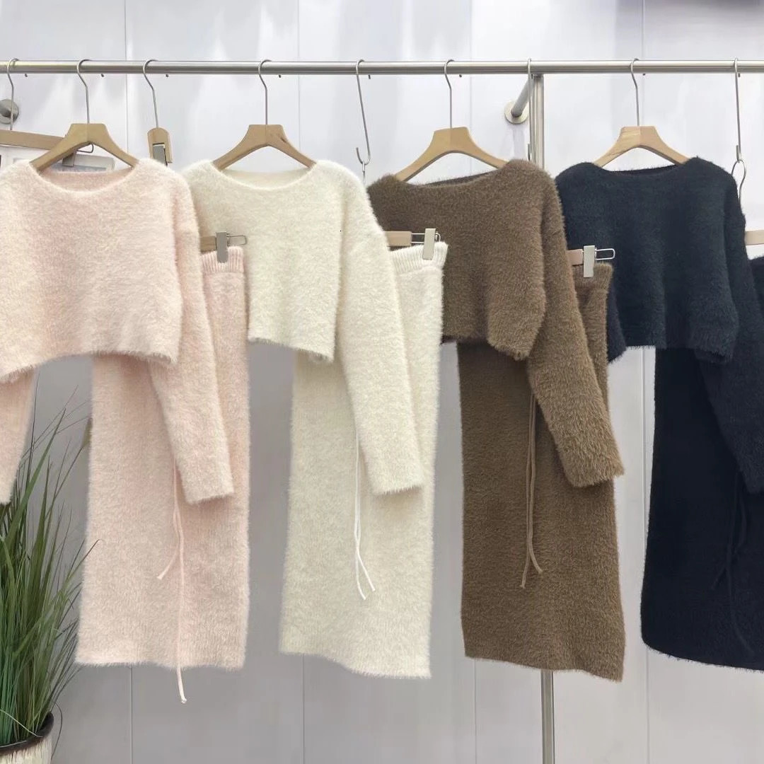 Knitted Sweater Set Skirt Women Winter Vneck Vintage 2 Piece Suits Pullover Knitted Pullover Skirt Korean Fashion Twopiece Set 251028