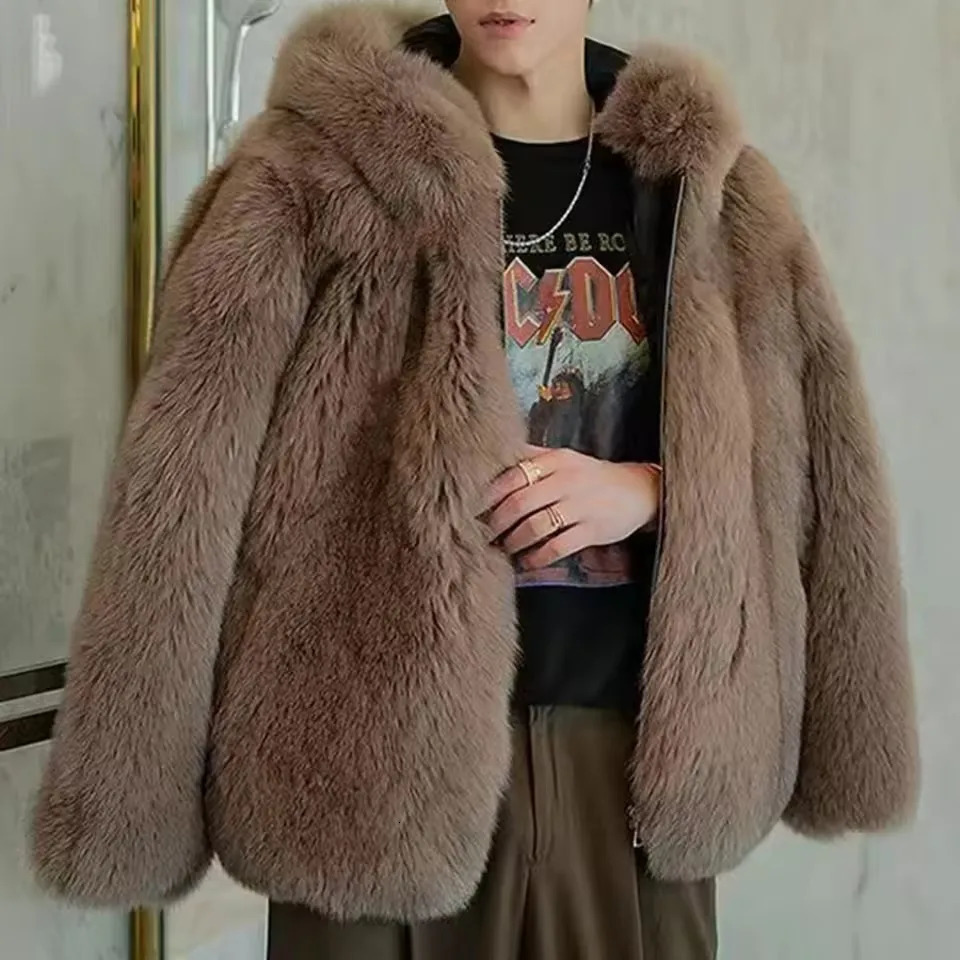 Autumn Winter Mens Fox Fur Coat Fashion Thicken Hooded Jacket Temperament Leisure Warm Fur Jacket Street 251013