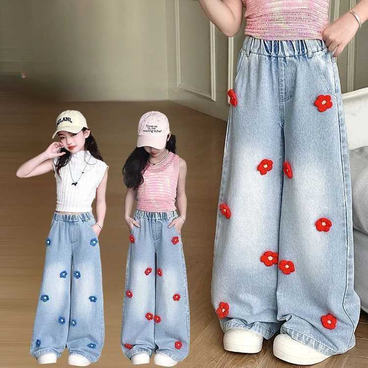 Kids Jeans Flowerdecorated Wideleg Pants Baby Girl Jeans Girls Pants Kids ClothesT251015
