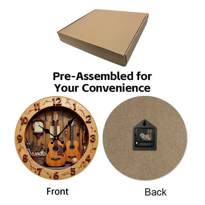 Guitar Music Wooden Round Silent Hanging Wall Clock Suitable For Living Room Office Study Room Bedroom Home Decoration C251015