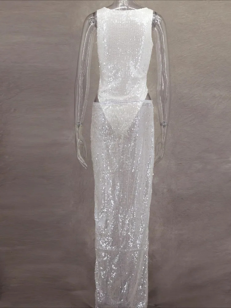 Elegant Sequined Skirts Two Piece Sets Women Holidays Party Suits Sexy Bodysuit and Slit Long Skirts 2025 Club Dress Sets 251011