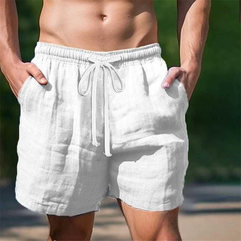 Mens Linen Beach Shorts Solid Color Elastic Waist Drawstring Swim Trunks with Pockets Casual Swim Shorts for DailyT251015