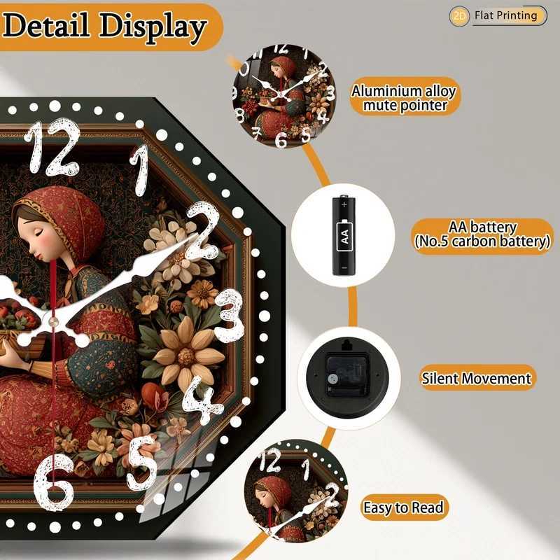Attractive Elite Vintage Octagon Floral Silent Wall Clock for Farmhouse Dining Room Office Christmas Mothers Day Halloween Gift C251015