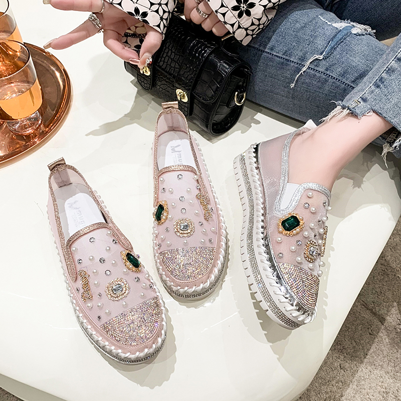 Designer Platform Loafers Women Summer Mesh Breathable Sneakers Rhinestone Pearl Flat Shoes Slip-On Pink Single Shoes Ladies Footwear Comfortable Walk