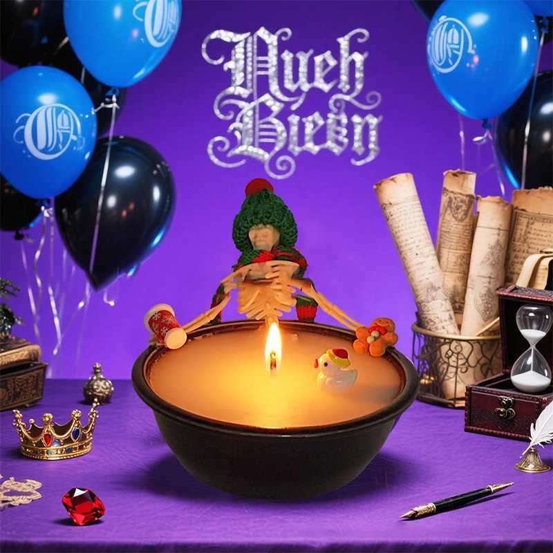 1x Halloween Skeleton Candle Decorations Ornament Gothic Cauldron Milk Basin Bathing Skull Candle With Hat Scarf Home Decor Gift C251015