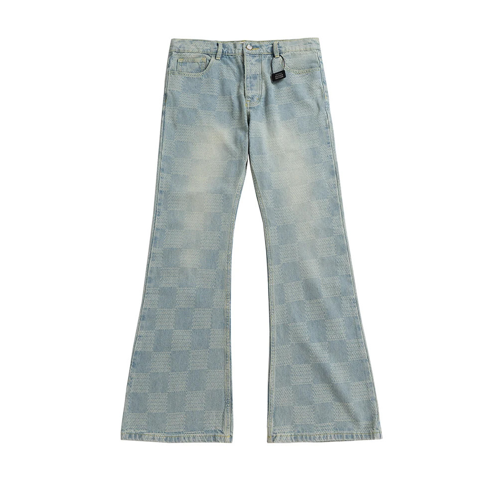 High Street Checkered Micro Flared Jeans for Men Patchwork Straight Loose Boot Cut Oversized Casual Baggy Denim Trousers 251010
