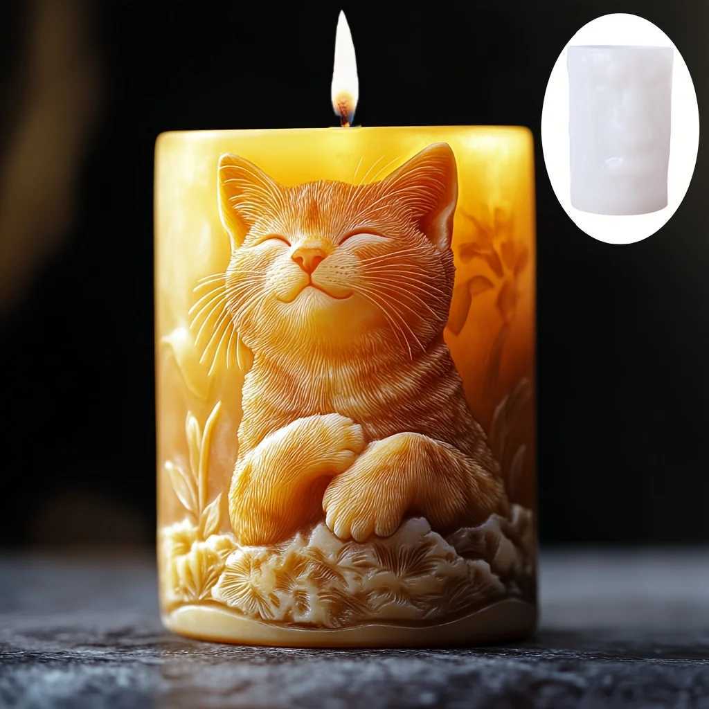 Cute Cat Cylinder Candle Silicone Mold Pet Cat Flower Plant Cylinder Resin Mould Cats Cylinder Gypsum Molds C251015