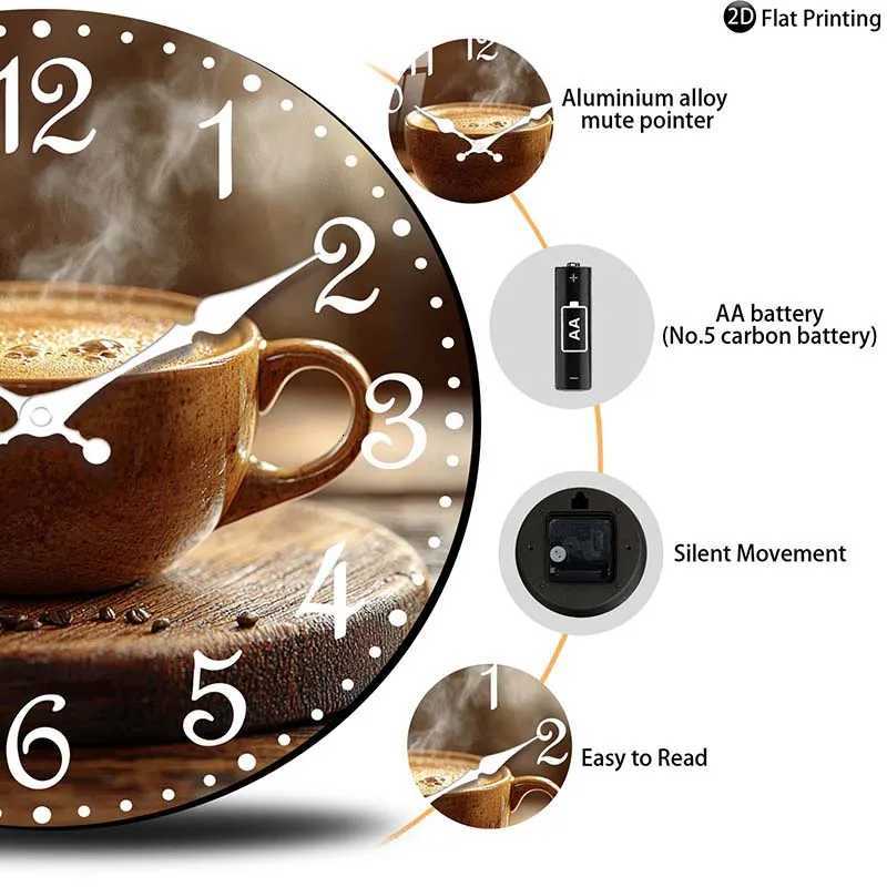 Wooden Silent Wall Clock Coffee cup with steam clock face Quartz Clocks FarmhouseOfficeIdea ChristmasHalloweenNew Year Gift C251015