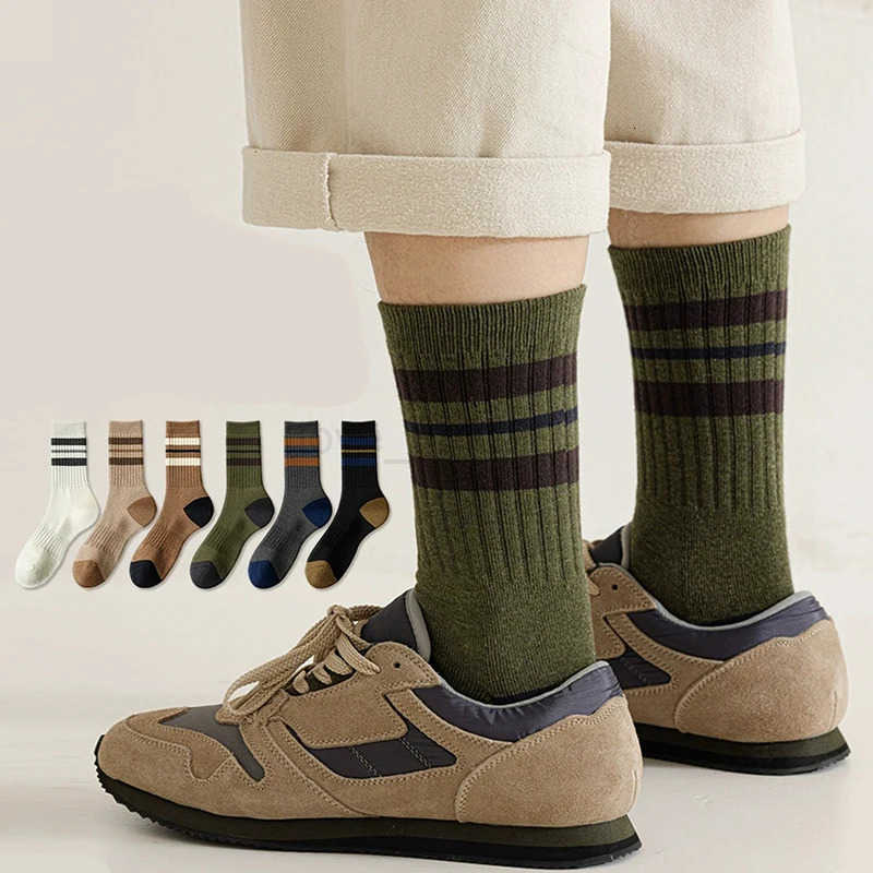 6 Pairs Men Autumn Winter Cotton Mid Tube Socks Fashionable Sports Striped Anti Odor Sweat Absorbing Comfortable Casual Socks T251015