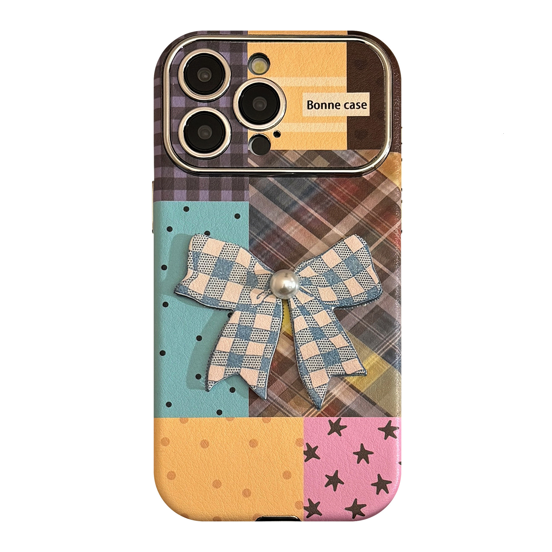 Compatible with iPhone 16 Apple Phone Case 17 Pro Max Colorful Plaid Stitching 15 3D Bow 13 Leather