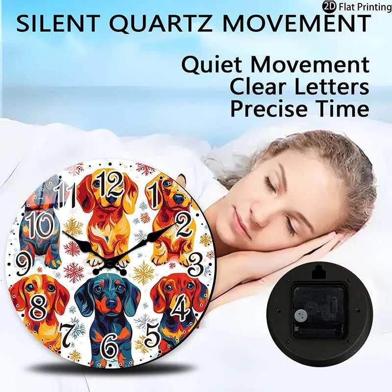 Wooden Silent Wall Clock Dachshund dogs with snowflakes Quartz Clocks FarmhouseOfficeIdea ChristmasHalloweenNew Year Gift C251015