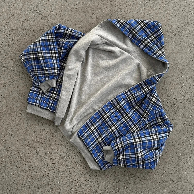 Y2K Both Sides Zip Up Hoodie Grid fabric fashion Korean Dark Simple Harajuku Oversized Hoodie Sweatshirt Gothic jacket top 251009