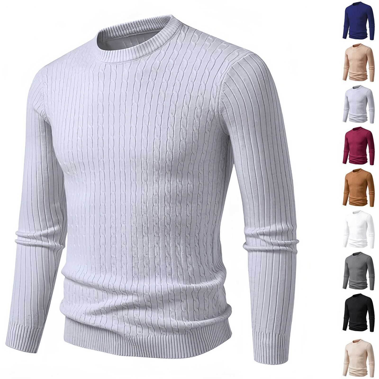 Mens Autumn Pullover Sweaters Solid Color Cable Knit Round Neck Sweater Slim Fit Long Sleeve Tops Warm Base Layer Knitwear J251015