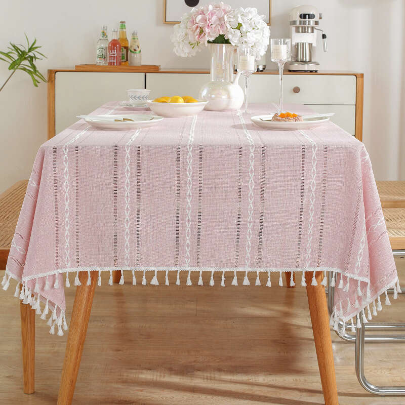 Luxury designer style Fashionable tablecloth Nordic Hollow Tassel Solid Color Long Striped Jacquard Tablecloth Coffee Table Mat Cotton Linen