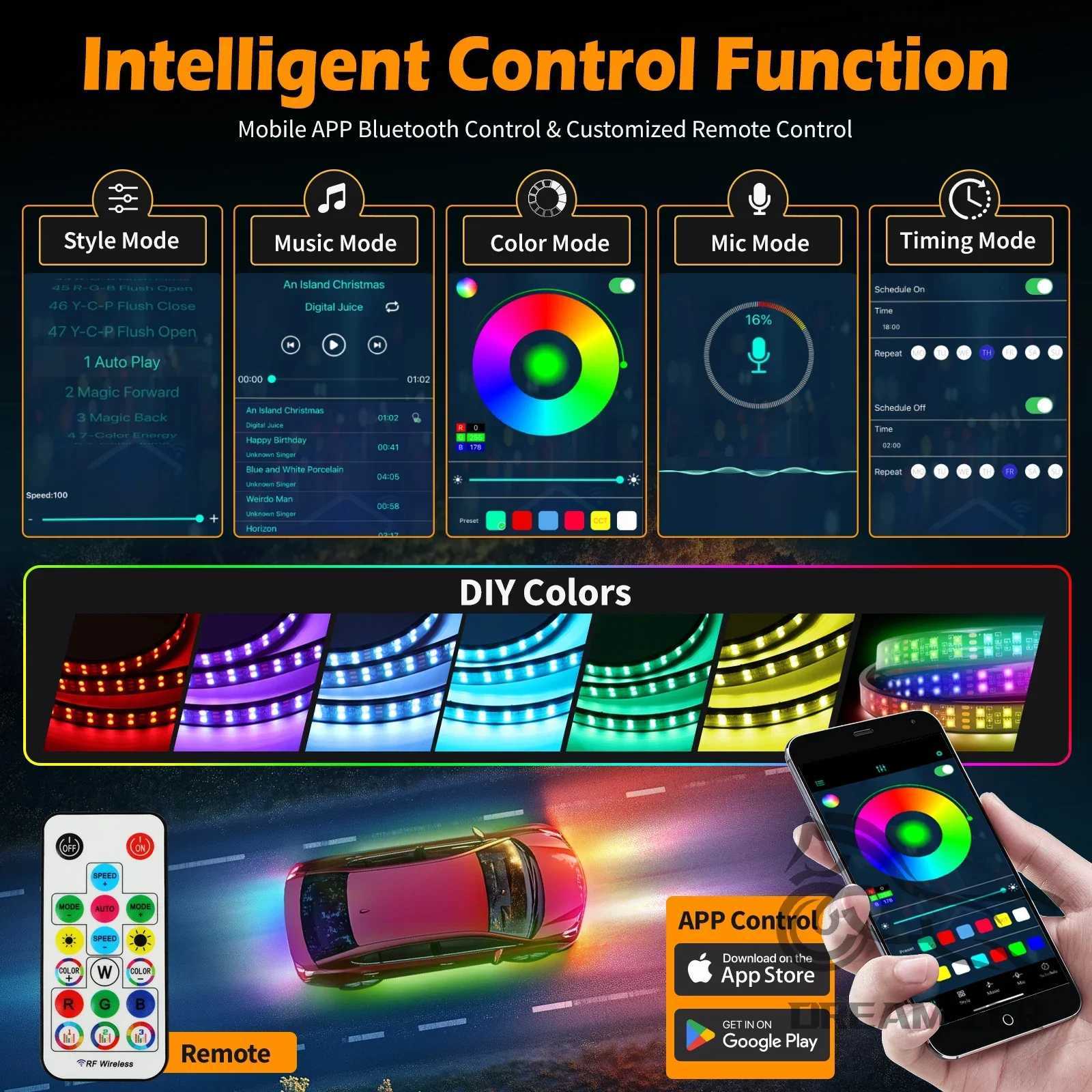 12V Flowing Color RGB LED Strip Under Car Neon Light 60150 BT App Control Car Products 6PCS Waterproof Car Accessories X251015