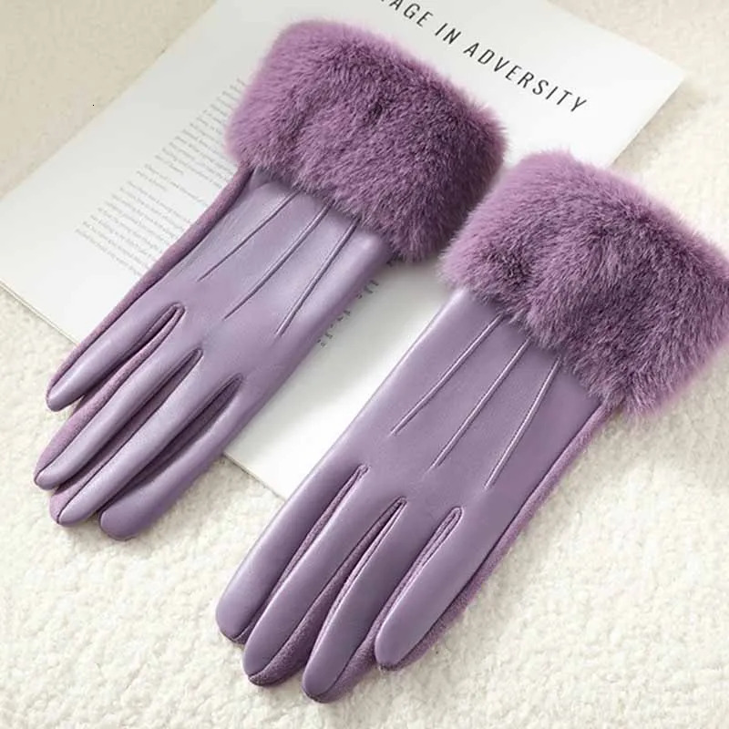 Winter Womens PU Leather Gloves Wrist Soft Faux Fur Trim Cuff Fashion Elegant Party Warm Touch Screen Drive Cycling 251009