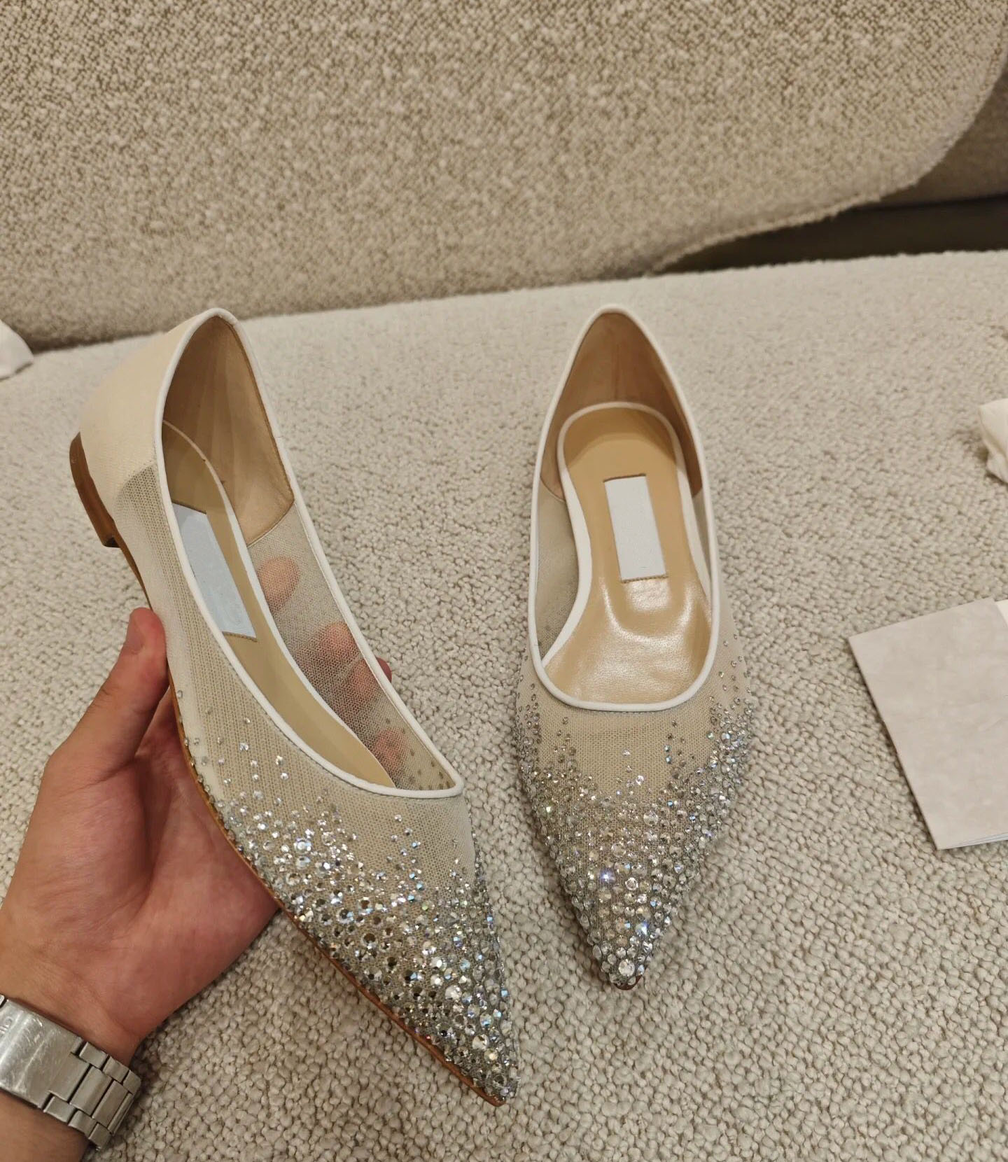 Brand Women Mesh Crystal Embellished Sandal Love flats ballet Womens dress pump Bridal White Pumps Love Rhinestone Mesh Flats Women high heels Pointed Toe wedding