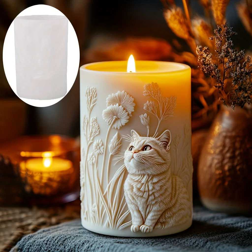 Cute Cat Cylinder Candle Silicone Mold Pet Cat Flower Plant Cylinder Resin Mould Cats Cylinder Gypsum Molds C251015