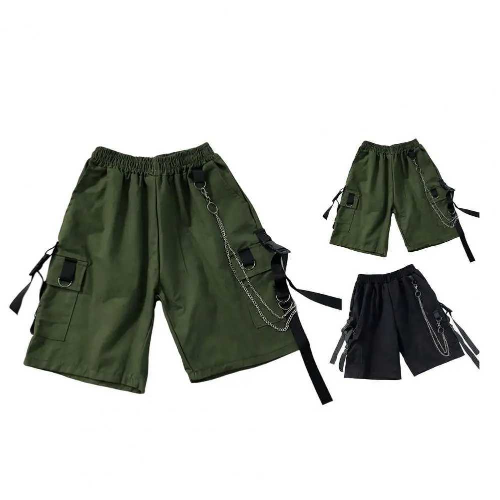 Men Shorts Multi Pockets Chain Strap Decor Casual Shorts MidRise Elastic Waistband Male Shorts Knee Length Men Cargo ShortT251015