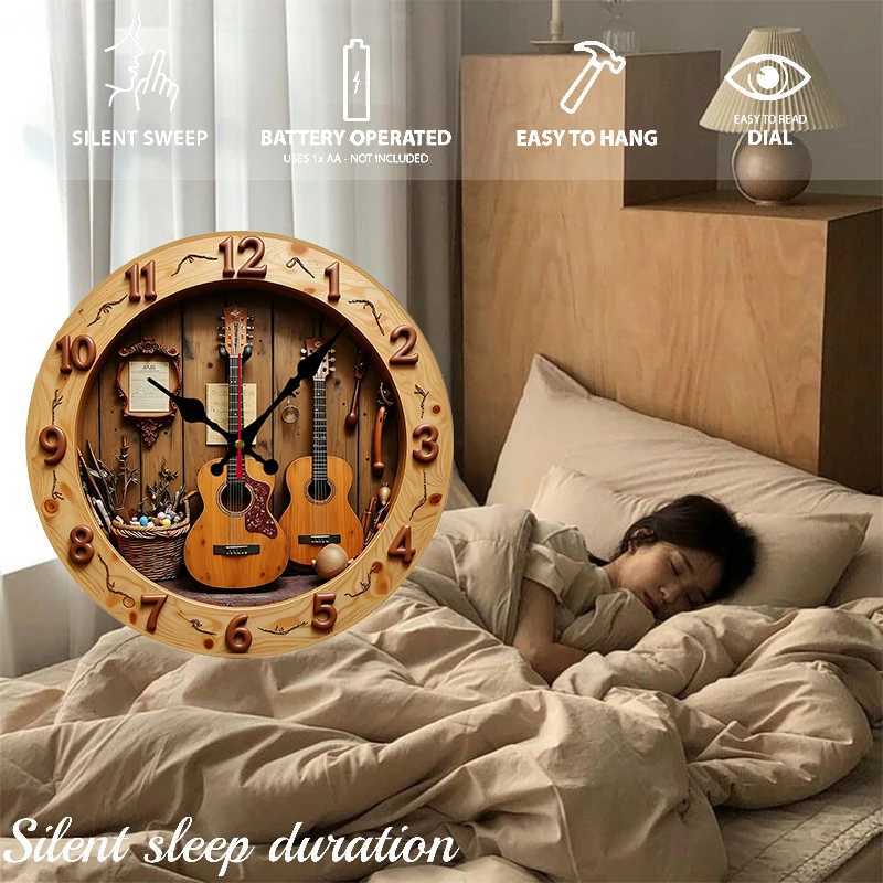 Guitar Music Wooden Round Silent Hanging Wall Clock Suitable For Living Room Office Study Room Bedroom Home Decoration C251015