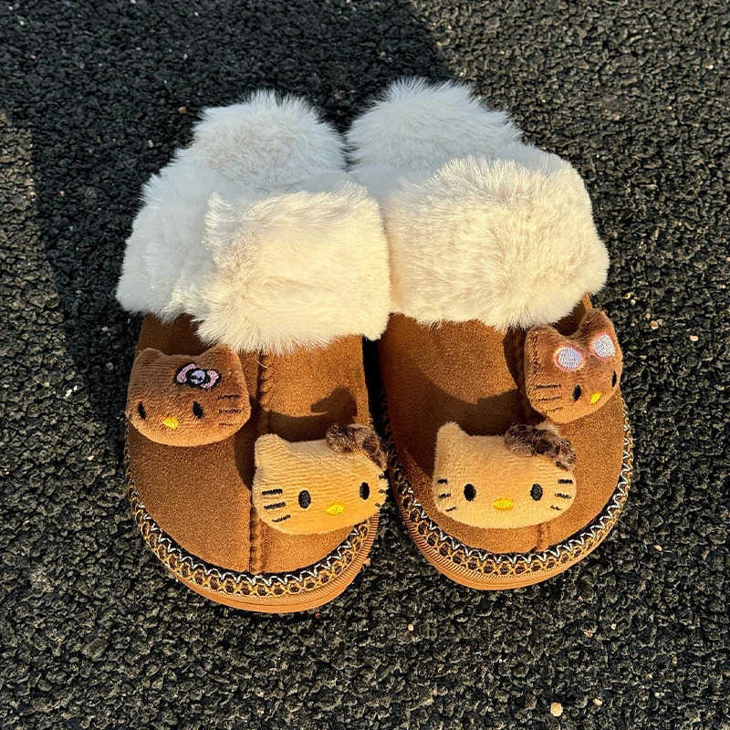 Sanrio Hello Kitty Plush Slippers Warm Winter Indoor Brown Slippers Flat Casual NonSlip Girl Home Shoes Warms Cotton Slippers L251015