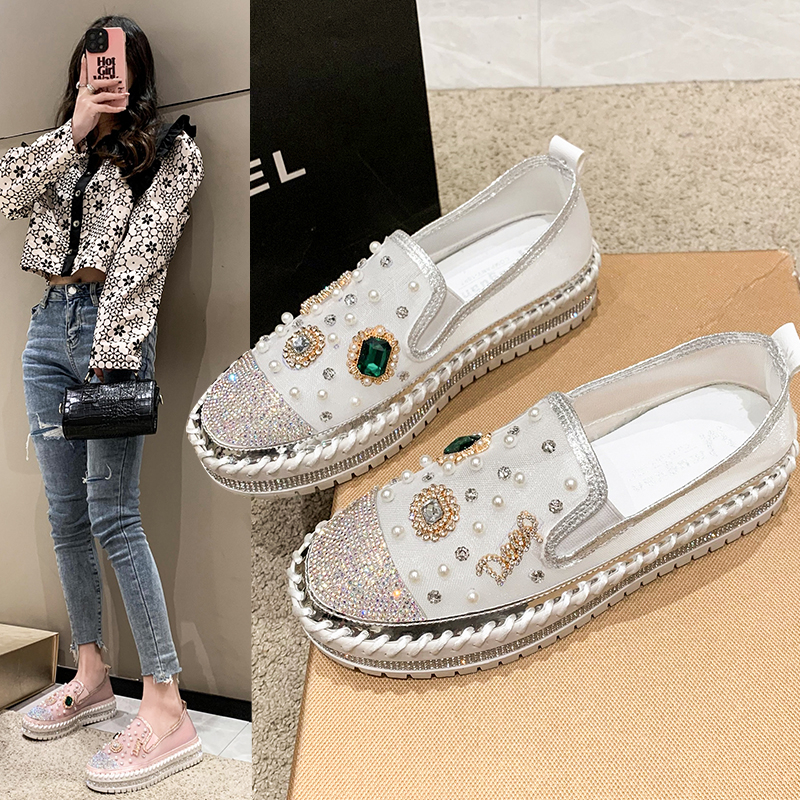 Designer Platform Loafers Women Summer Mesh Breathable Sneakers Rhinestone Pearl Flat Shoes Slip-On Pink Single Shoes Ladies Footwear Comfortable Walk