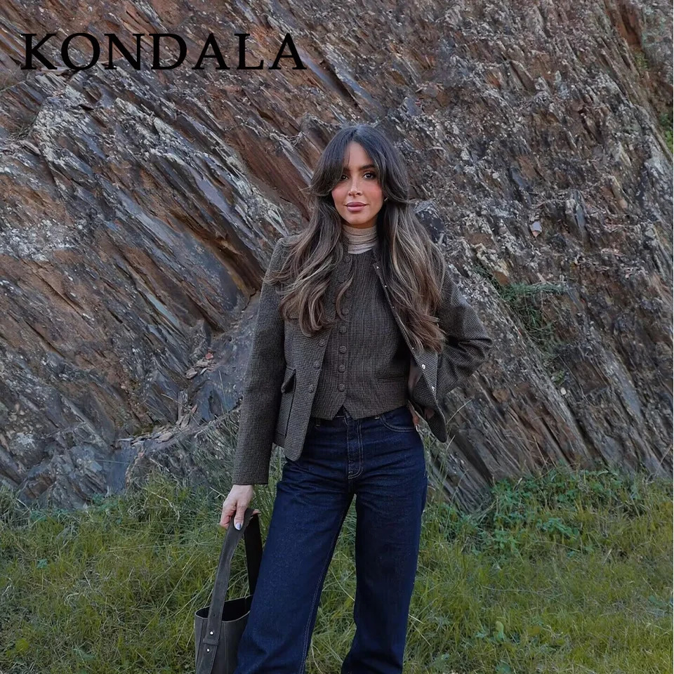 KONDALA 2025 Fall Winter Plaid Womens Vintage Jackets Fashion Country Brown Single Breasted Pockets Chic Ladies Elegant Jackets251014