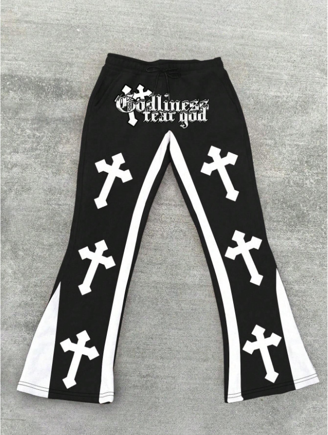 Mens Casual Street Style Trendy Cross Print Fashionable Slightly Flared Black and White Color-Block n Sweatpants 250819